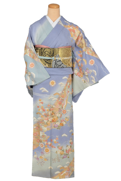訪問着[青藤色地に菊・松竹梅　]