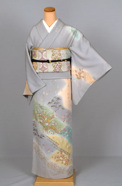 単衣訪問着[グレー地にボカシ染・吉祥紋様]