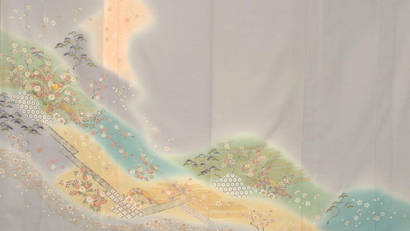 単衣訪問着[グレー地にボカシ染・吉祥紋様]