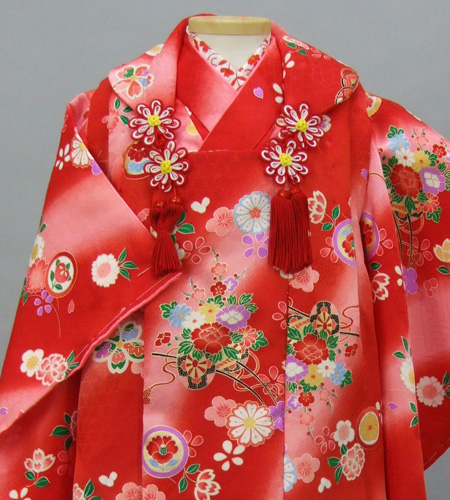三歳被布セット(赤地・花車、鼓・正絹)