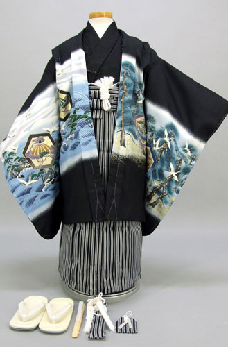 五歳祝着セット(黒地・兜、鶴、松)