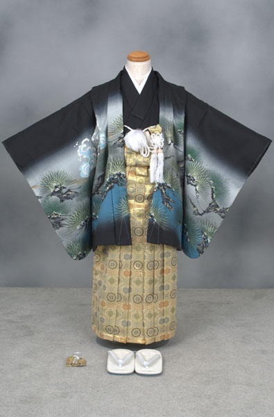 五歳祝着セット(黒にグレ-のボカシ地・,松と虎)【Sサイズ】