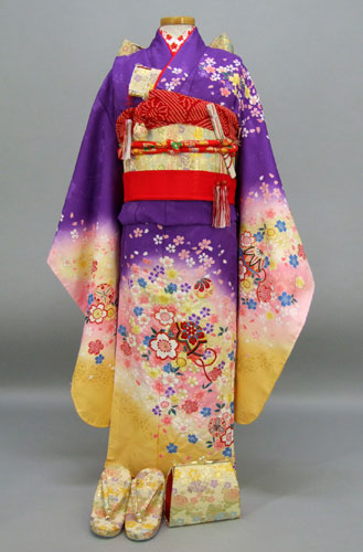 七歳祝着(紫に黄色のボカシ地・桜とてまり)