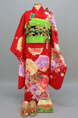 七歳祝着(赤地・雪輪に花とつづみ・正絹)