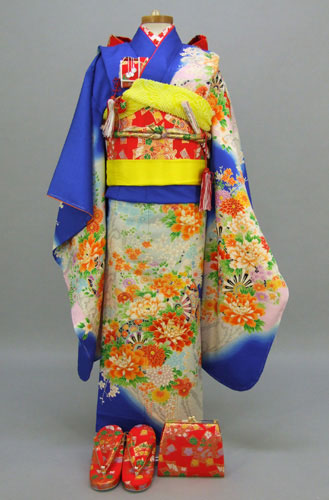七歳祝着(青地・花車・正絹)