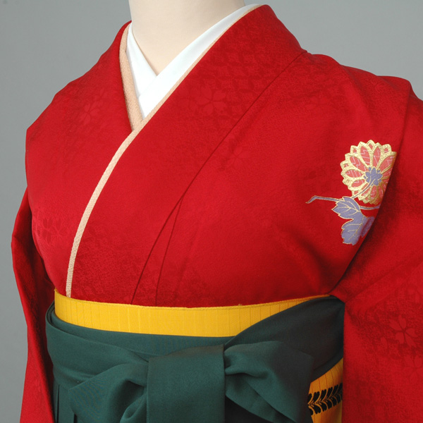 卒業袴(赤地・蝶々、花着物/緑地蝶々刺繍袴)