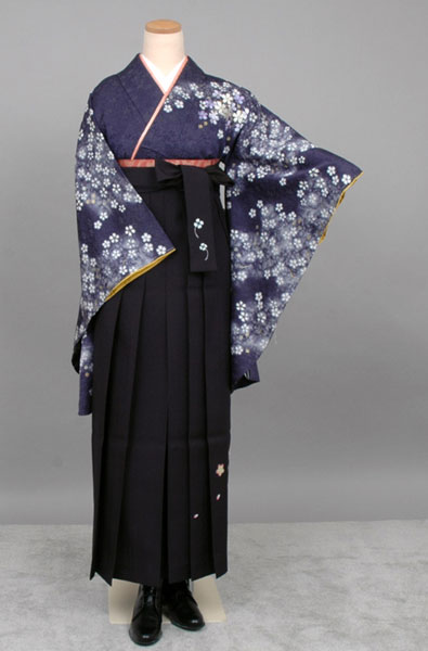 卒業袴(紺地、ラメ・さくら着物/紺地桜プリント袴)