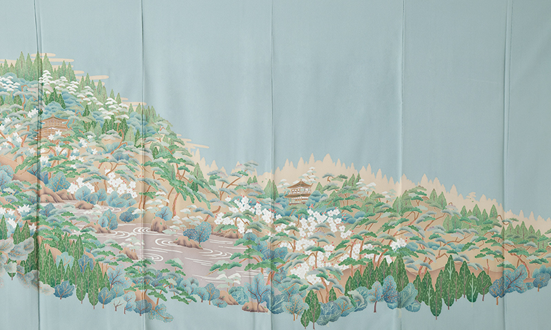 色留袖(淡い水色地・京の名所風景)