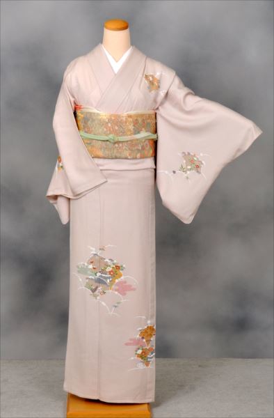単衣訪問着[とき色・イチョウ型の中に花々]