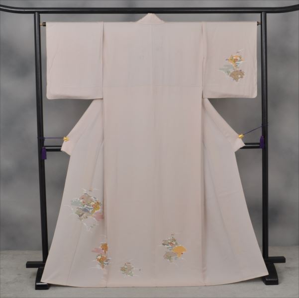 単衣訪問着[とき色・イチョウ型の中に花々]