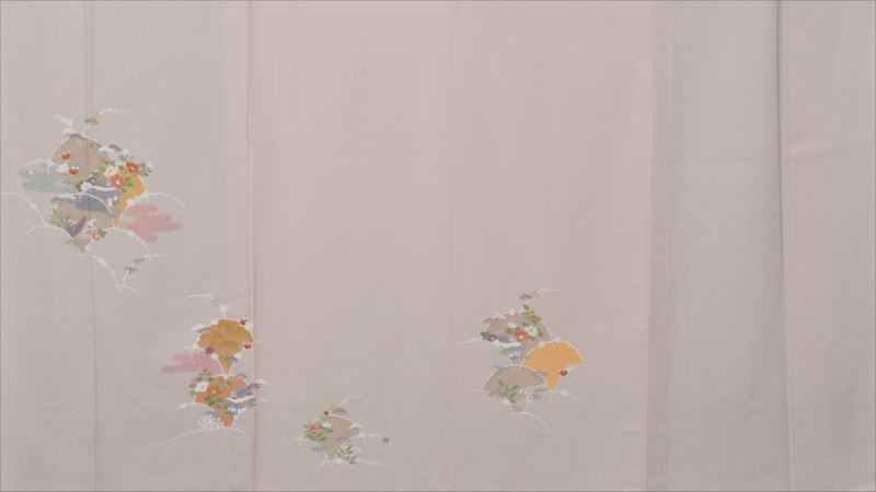 単衣訪問着[とき色・イチョウ型の中に花々]