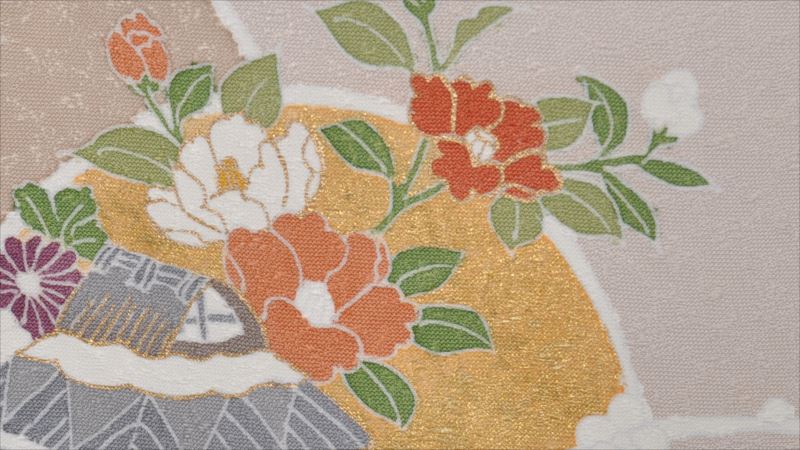 単衣訪問着[とき色・イチョウ型の中に花々]