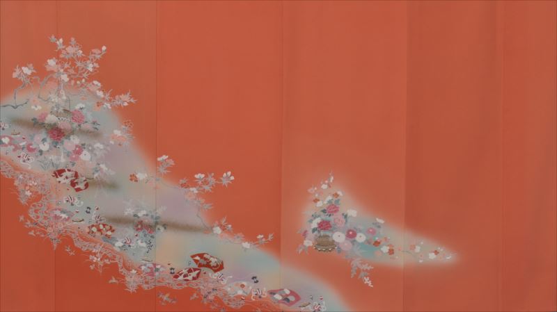 単衣訪問着[鮮やかなオレンジ地・花木]