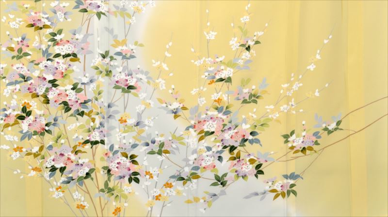 単衣訪問着[淡いきはだ色地・花々]