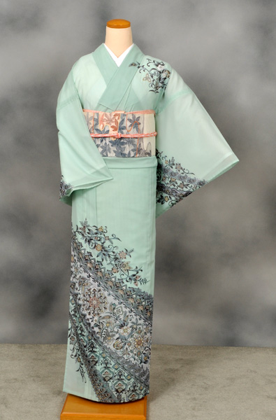 夏物_ポリ訪問着(ミントグリーン地・ペルシャ風模様)