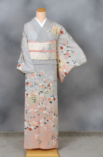夏物_訪問着(グレーにピンクボカシ地・秋の草花)