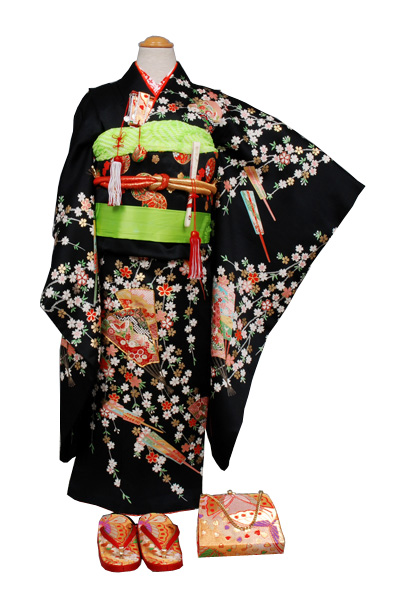七歳祝い着セット 正絹黒地(しだれ桜に扇面)