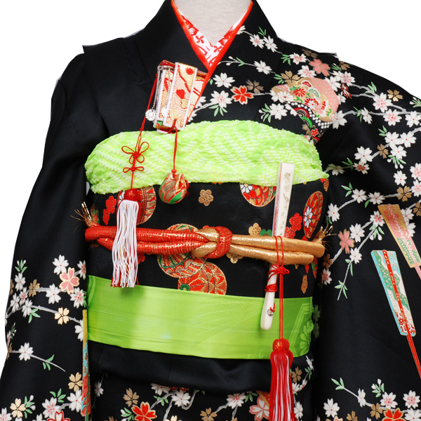 七歳祝い着セット 正絹黒地(しだれ桜に扇面)