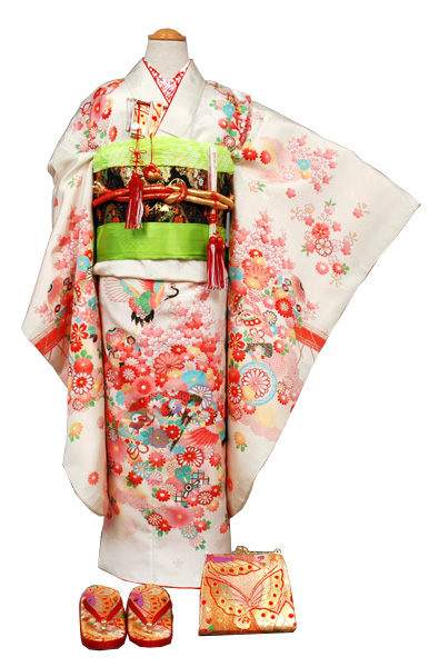 七歳祝い着セット 扇面、おしどり、鶴、菊