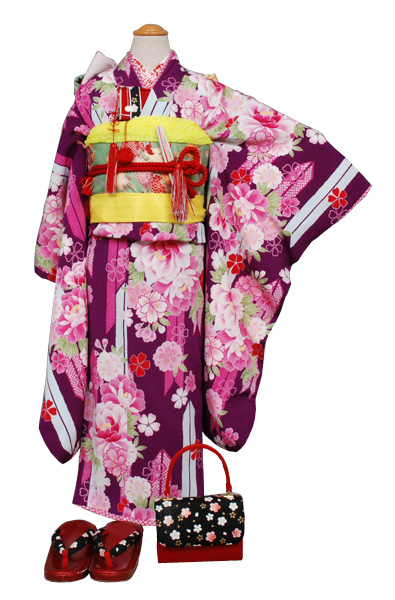 七歳祝い着セット 比翼仕立て、矢絣、ぼたん