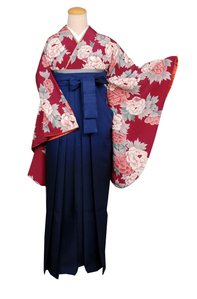 卒業袴(赤紫地にぼたん模様)