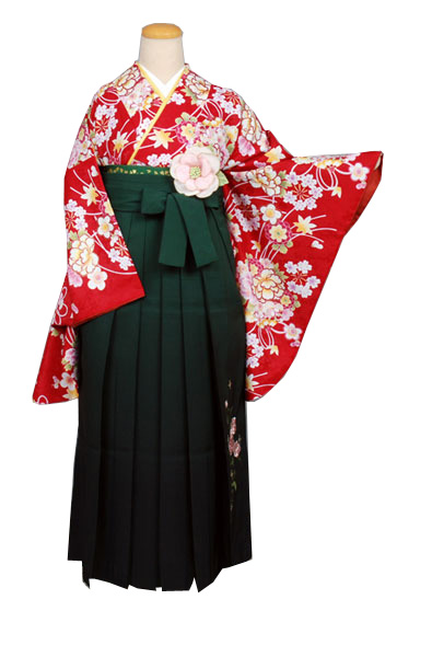 卒業袴(赤くす玉中振袖・バラ刺繍緑の袴)