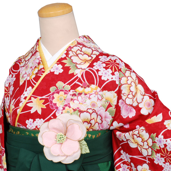 卒業袴(赤くす玉中振袖・バラ刺繍緑の袴)