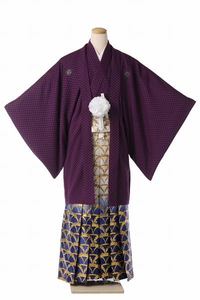 男物紋付・羽織(紫・紋付・ブルーぼかし、金露芝柄)