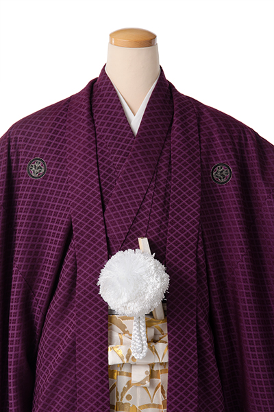 男物紋付・羽織(紫・紋付・ブルーぼかし、金露芝柄)