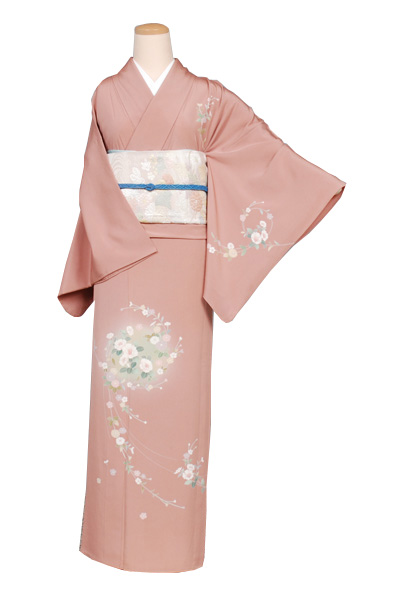 単衣訪問着［珊瑚色地の花輪模様］