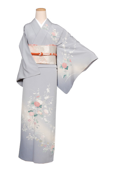 単衣訪問着［グレー地の菊模様］