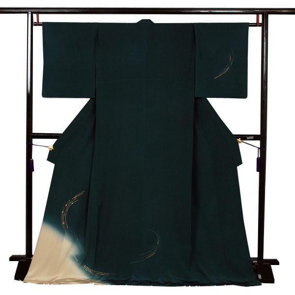 単衣訪問着［深緑色地の抽象柄模様］
