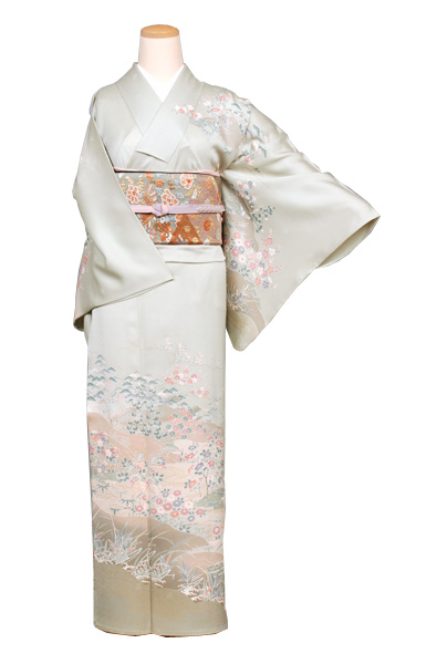 単衣訪問着［モスグリーン地の花模様］