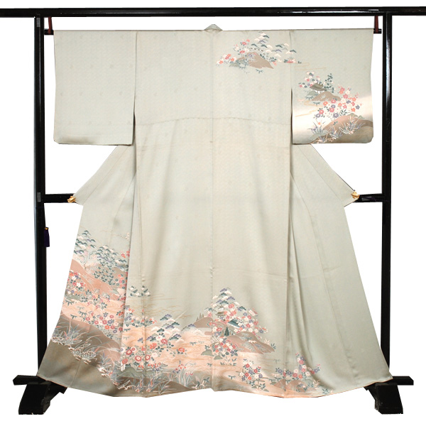 単衣訪問着［モスグリーン地の花模様］
