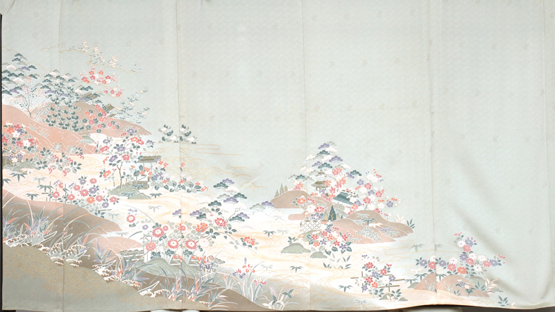 単衣訪問着［モスグリーン地の花模様］