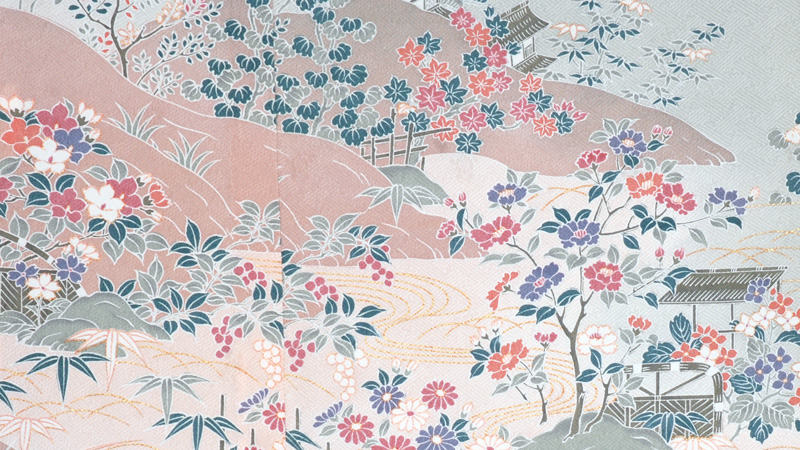 単衣訪問着［モスグリーン地の花模様］