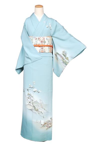単衣訪問着［水色地の風景模様］