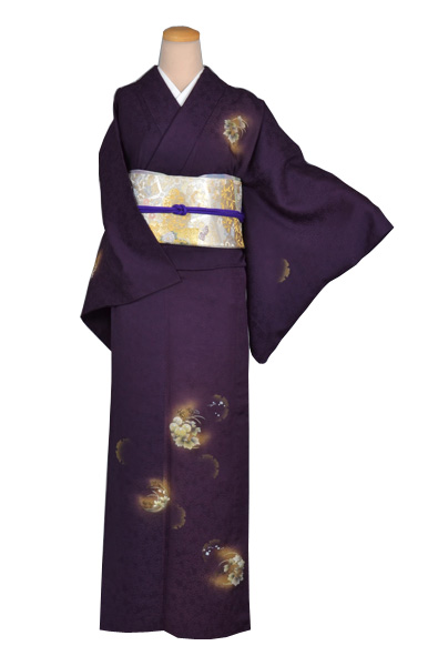 単衣訪問着［赤紫色地の秋草模様］