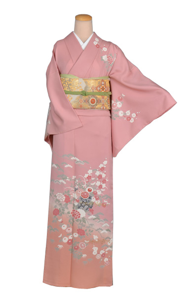 単衣訪問着［ピンク地の花かご模様］