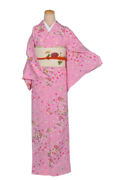 単衣小紋［ピンク地の桜模様］