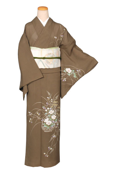 絽訪問着(茶色・花かご)