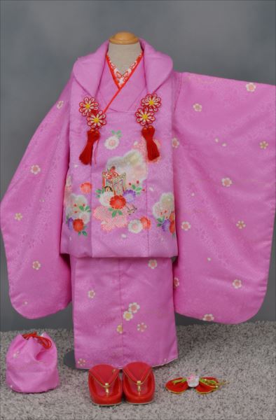 三歳祝着【ピンク地に御所車・桜】