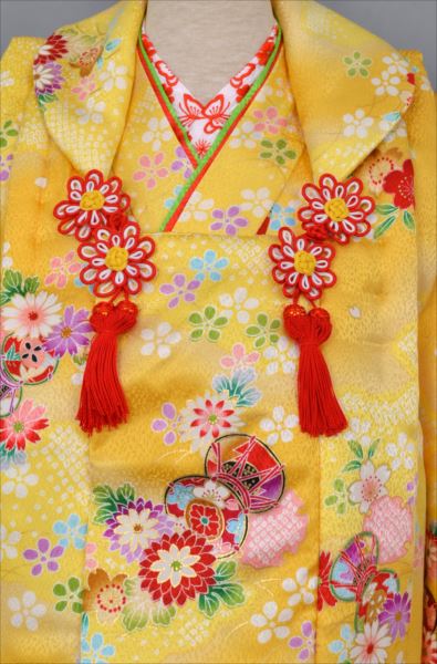 三歳祝着【黄色地に鼓・花々】