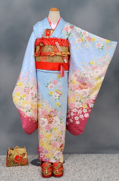 七歳祝着【水色地に花々・毬】
