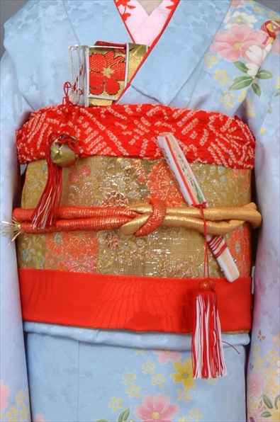 七歳祝着【水色地に花々・毬】