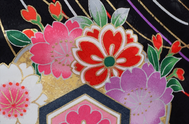 七歳祝着【黒地に四季草花・毬】