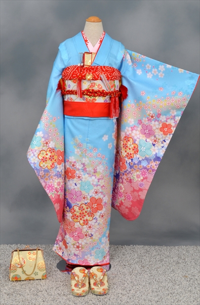 七歳祝着【空色地に花々】