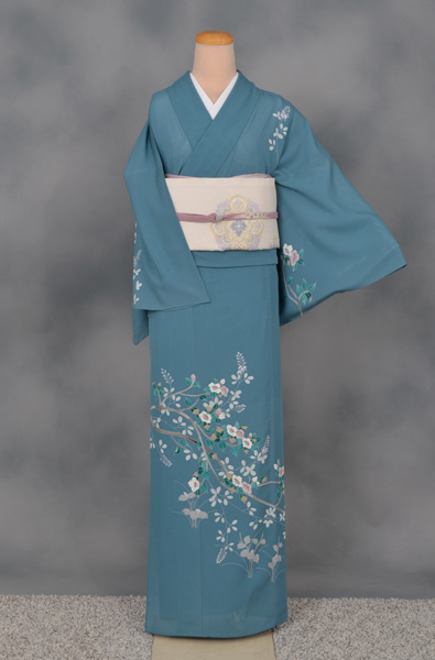 夏物付下訪問着〔千草色に刺繍〕